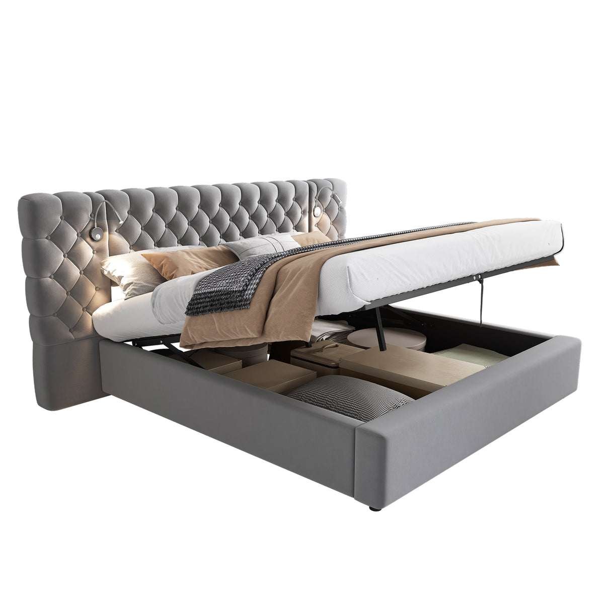 Upholstered Hydraulic Storage Bed 180x200 LED, Grey Velvet