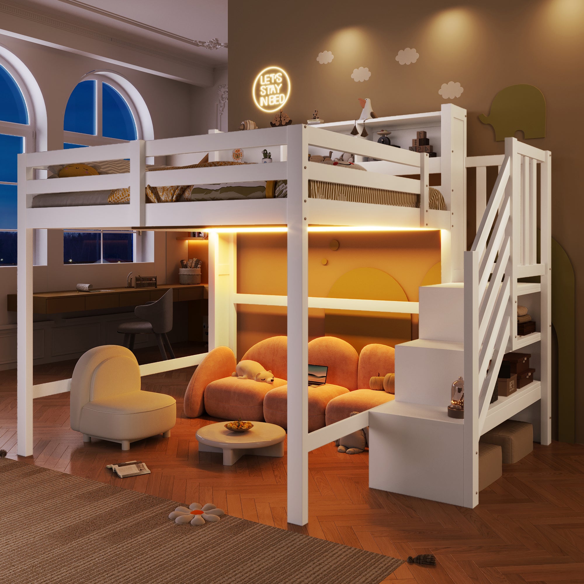Loft Bed 140x200cm with LED Lights & Storage Ladder, White