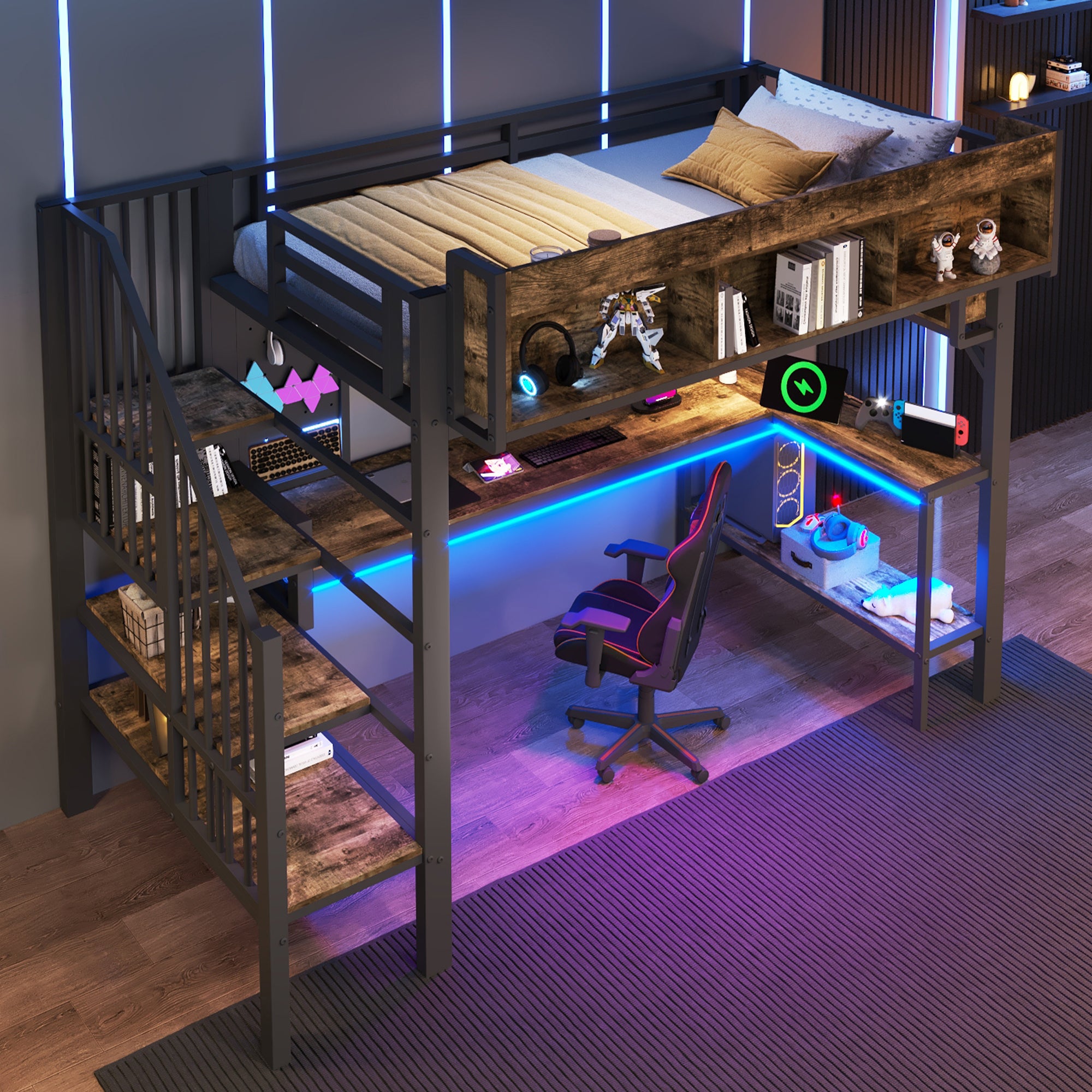 Loft Bed 90x200cm with Corner Desk & LED, Vintage Brown & Black