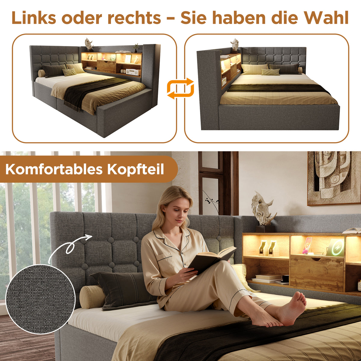 Upholstered Double Bed 180x200cm Hydraulic Storage, Grey Linen