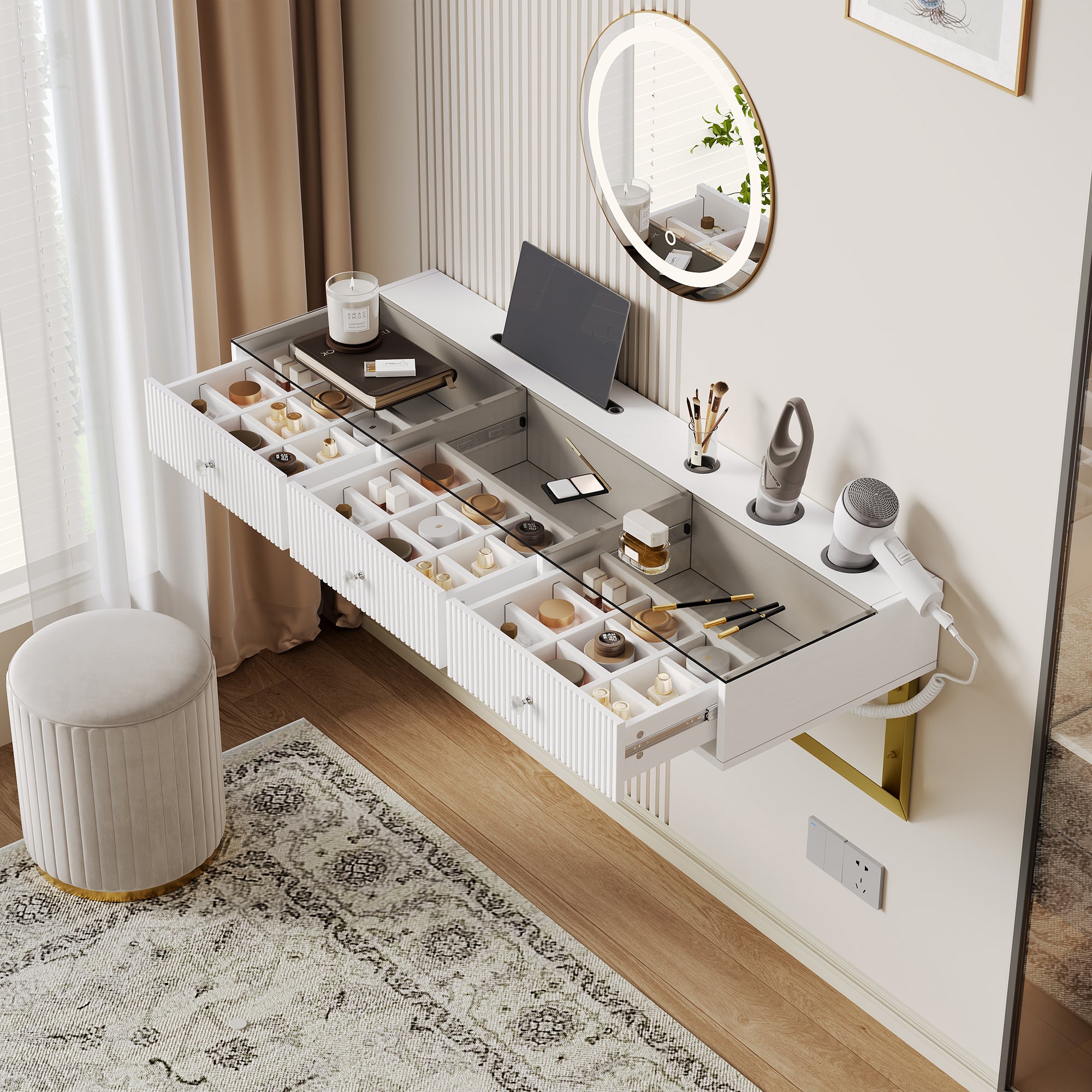 Wall-Mounted Vanity Table with 3 Drawers & Glass Top, White