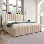 Upholstered Storage Bed 140x190cm with USB Charging, Beige Linen