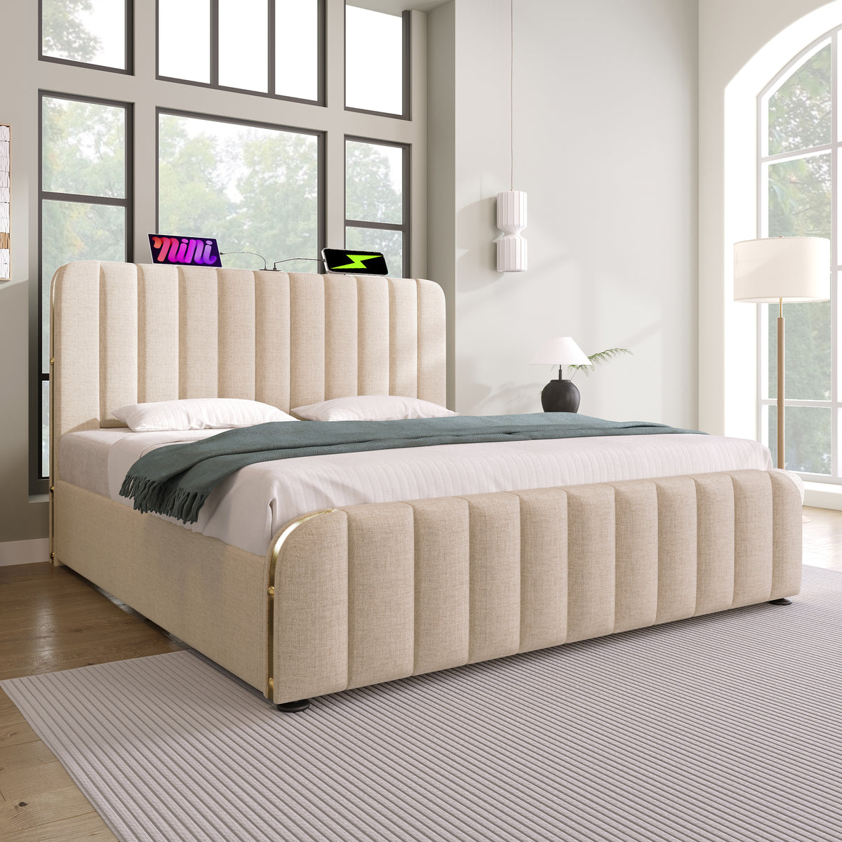 Upholstered Storage Bed 140x190cm with USB Charging, Beige Linen