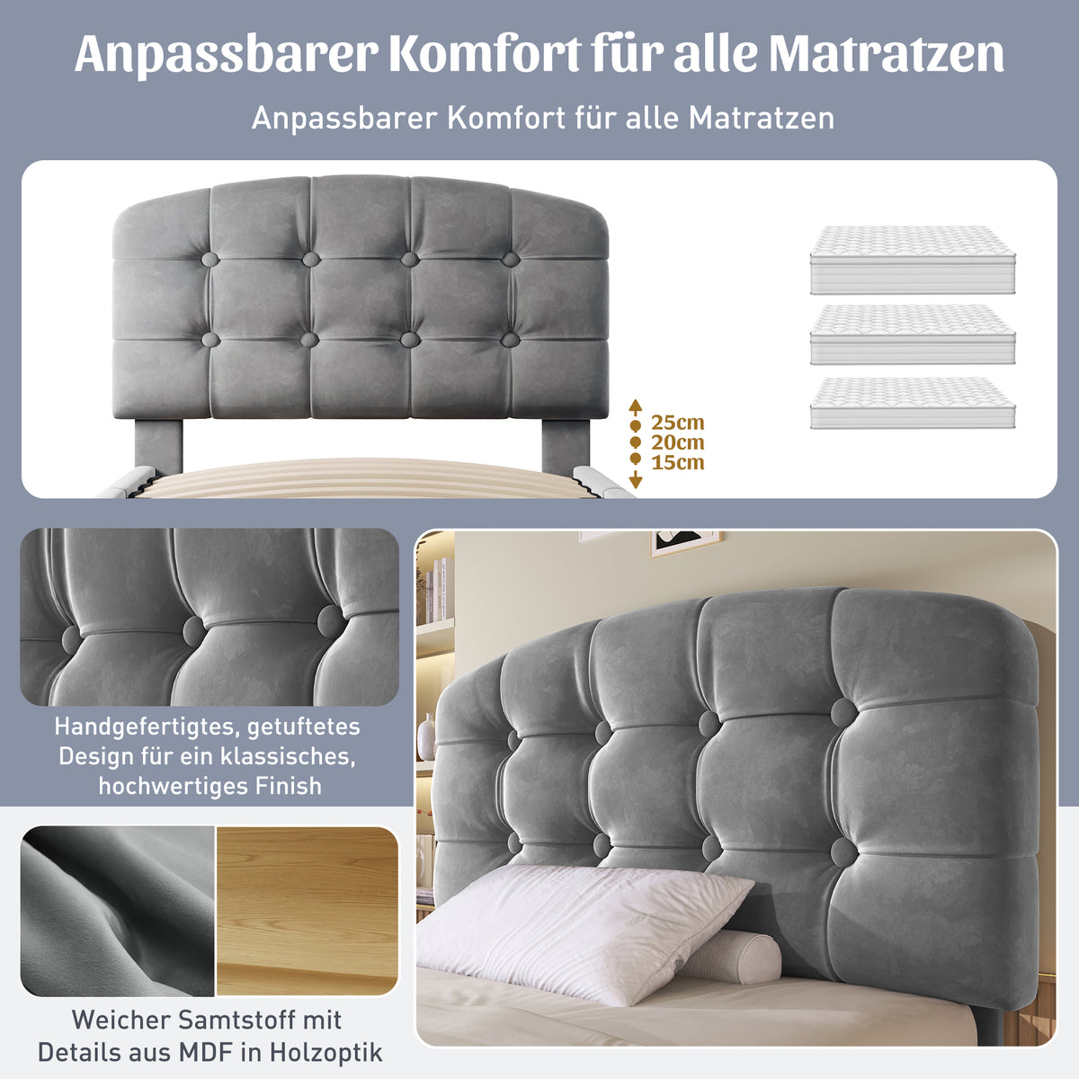 Single Upholstered Bed 90x200 with Drawers, Grey Velvet