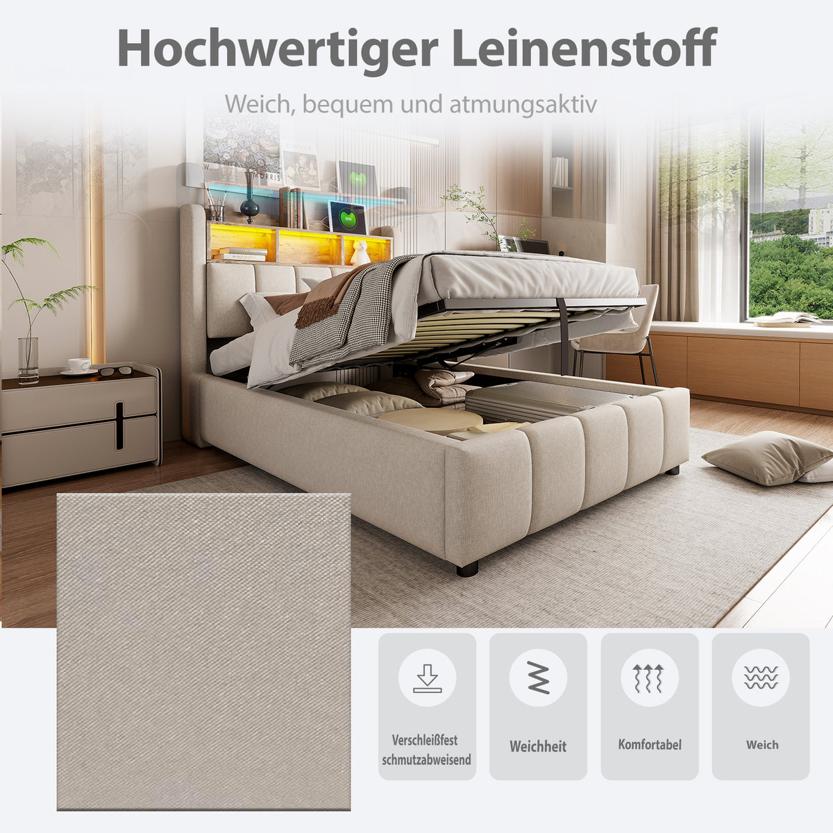 Upholstered Single Bed 90x200 LED USB Storage, Beige Linen