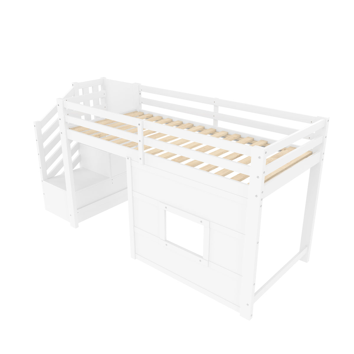 Loft Bed 90x200cm with Storage Stairs & Window, White