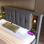 Upholstered Double Bed 180x200cm with Storage & USB-C, Grey Cotton