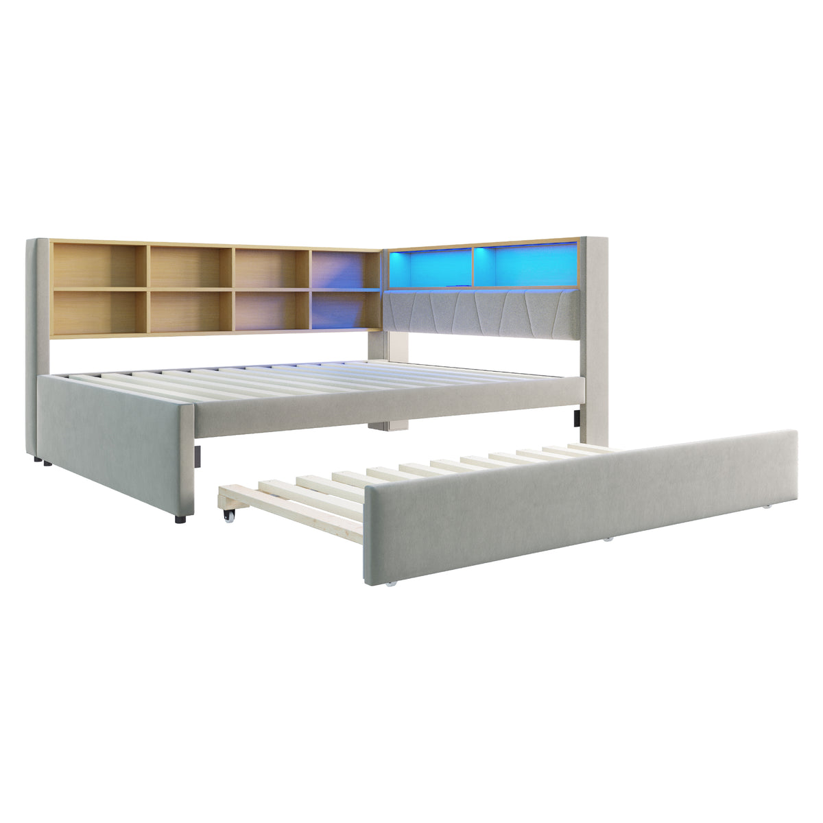 Sofa Bed 140x200cm with Trundle, LED & Storage, Light Grey Flannel