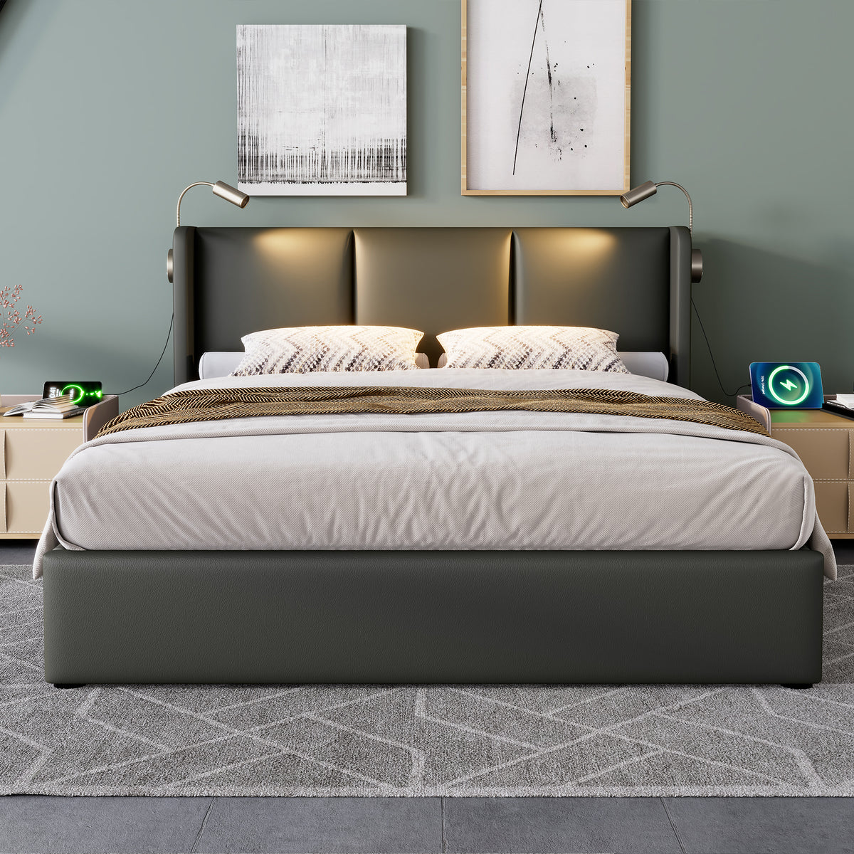 Upholstered Bed 180x200cm with Storage & LED Light, Grey PU Leather