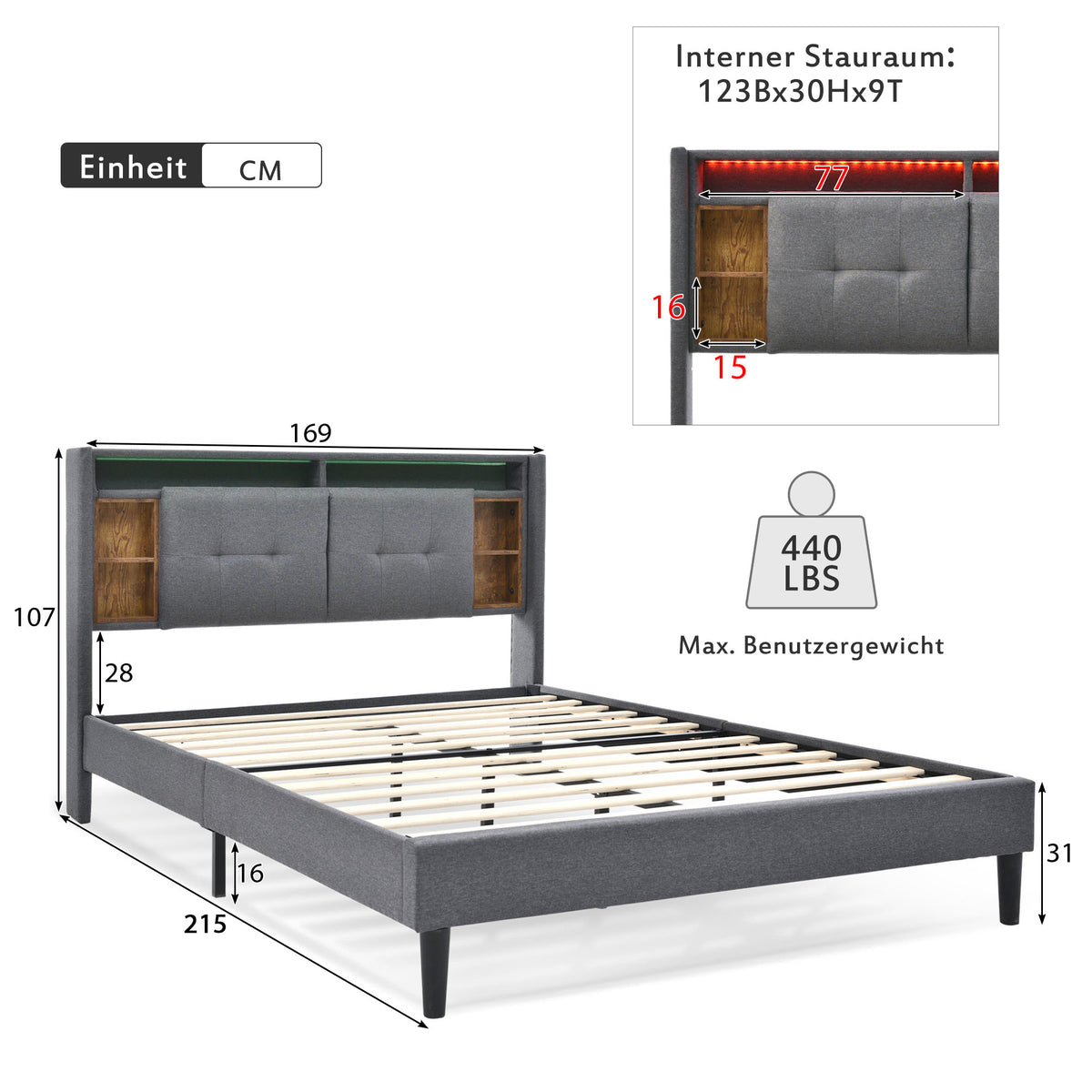 Upholstered Double Bed Frame with Storage Headboard, USB & LED, Grey