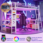 Loft Bed 90x200cm with Desk, LED & USB, White Iron Frame