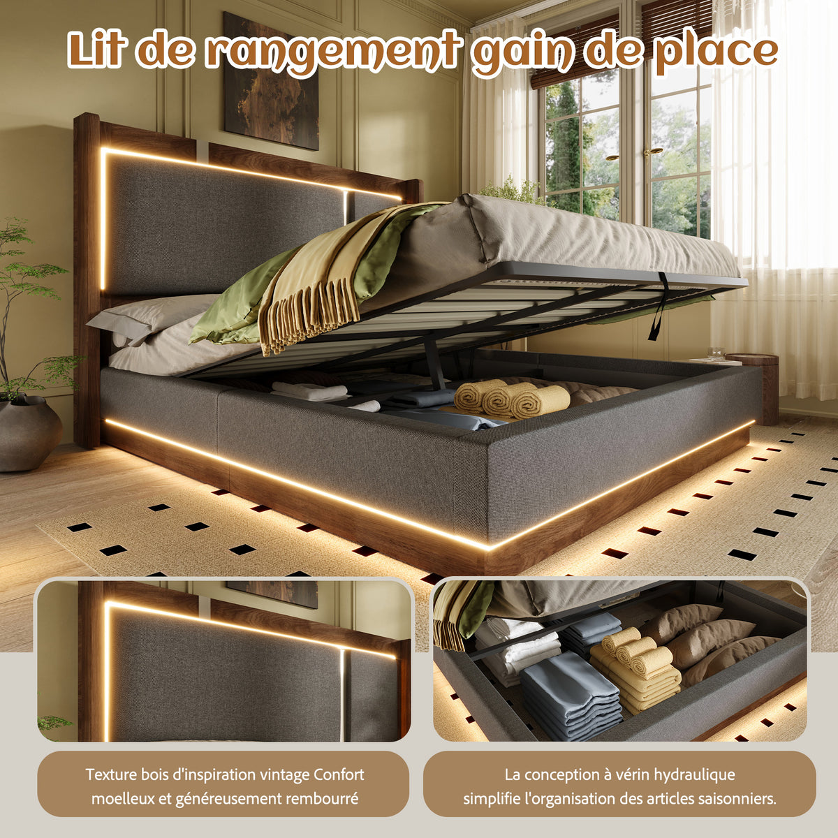 Youth Upholstered Bed 90x200 with LED & Storage, Grey Linen & Walnut