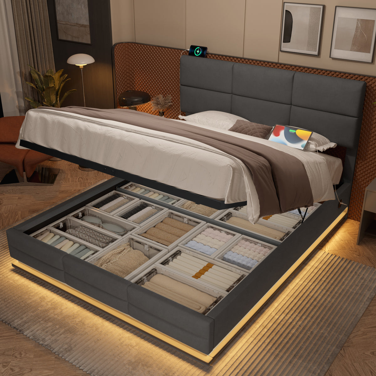 Upholstered Bed 180x200cm with Storage & LED, Grey Velour