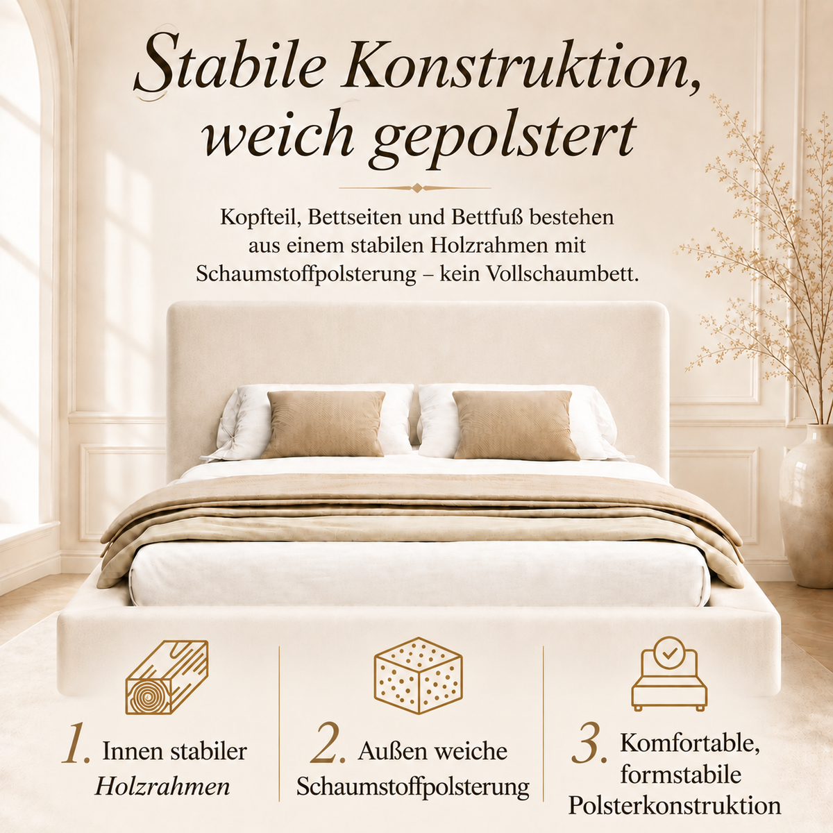 Upholstered Double Bed 180x200 cm with Slatted Base, Beige Chenille