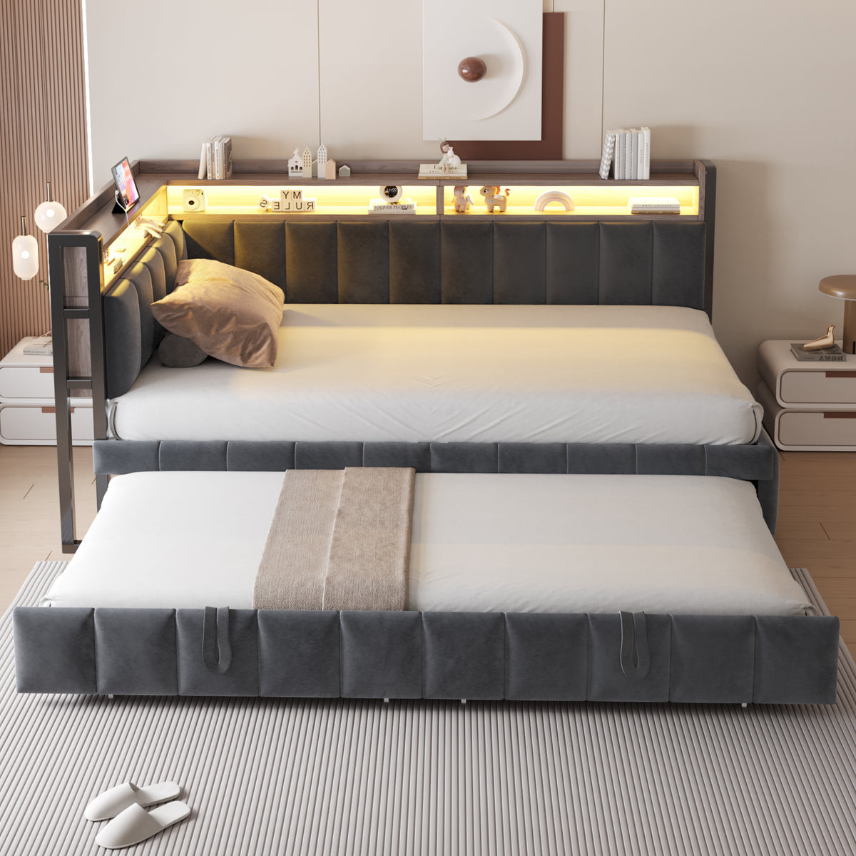Upholstered Sofa Bed 90x200cm with Pull-Out Bed, Dark Grey Velvet