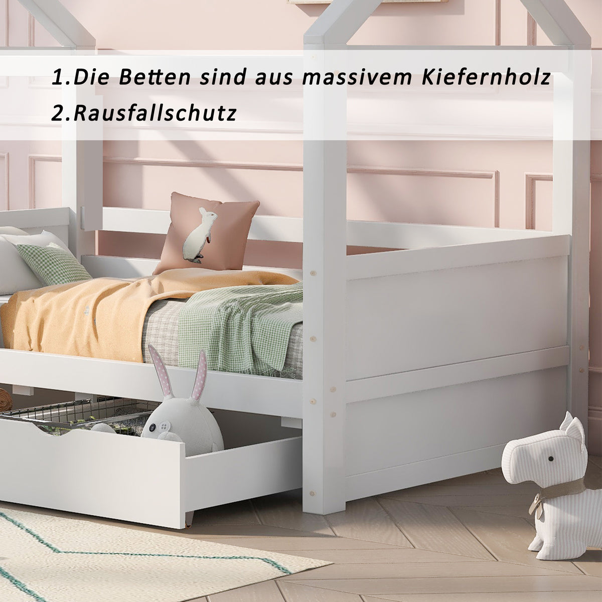 House Bed 90x200 with Fall Protection & Window, Solid Wood White