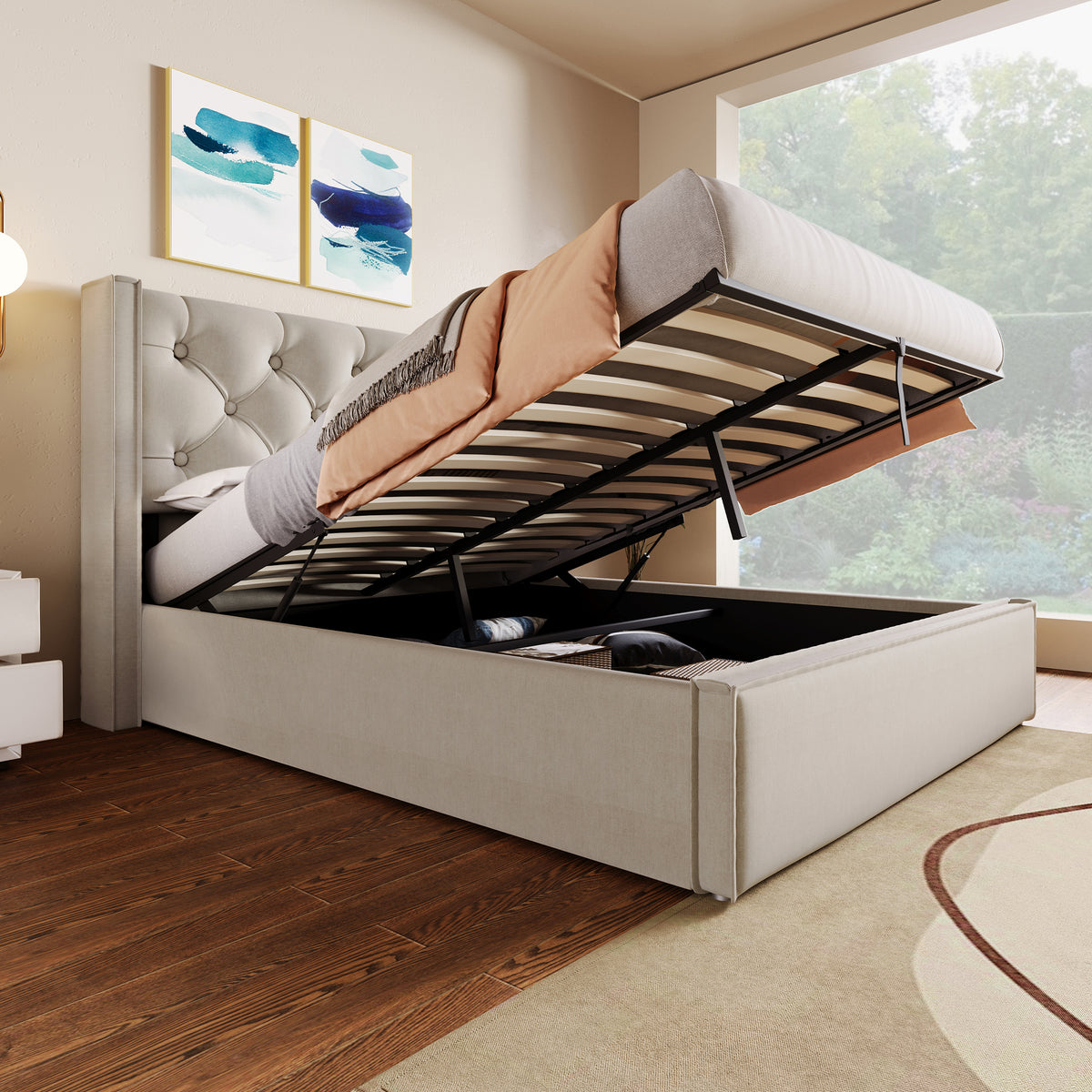 Hydraulic Upholstered Double Bed 160x200cm with Storage, Light Grey