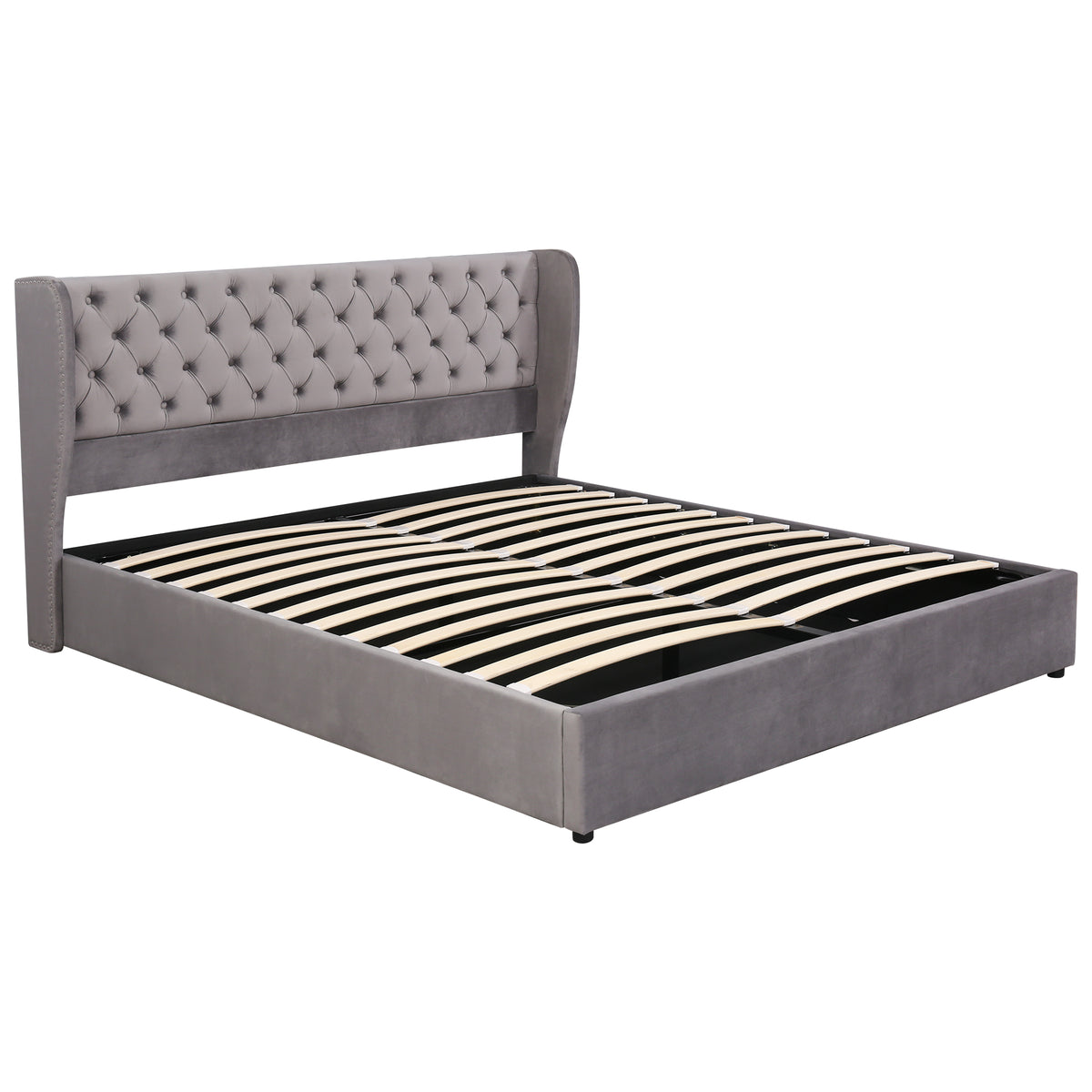 Upholstered Double Bed 180x200cm Hydraulic Storage, Grey Velvet