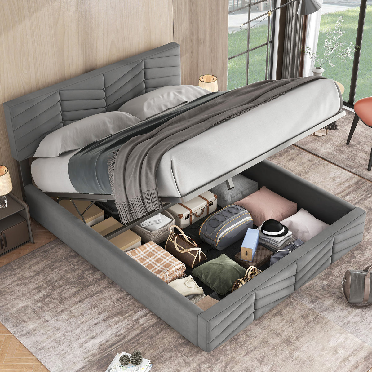 Upholstered Double Bed 140x190cm, Adjustable Headboard, Grey Velvet