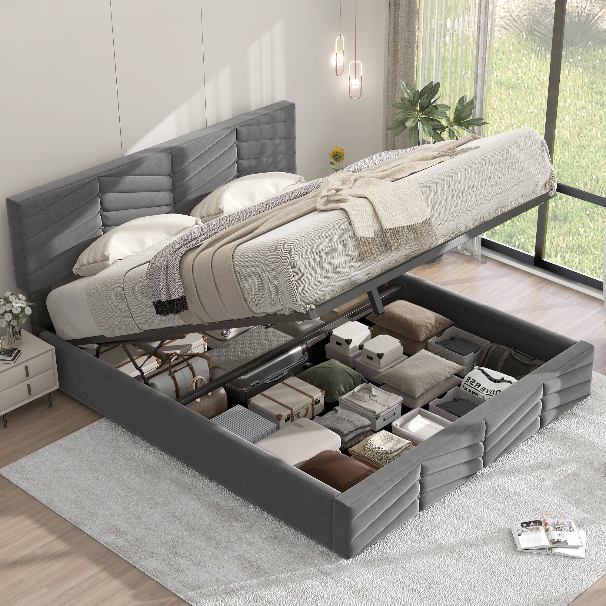 Upholstered Double Bed 140x190cm, Adjustable Headboard, Grey Velvet