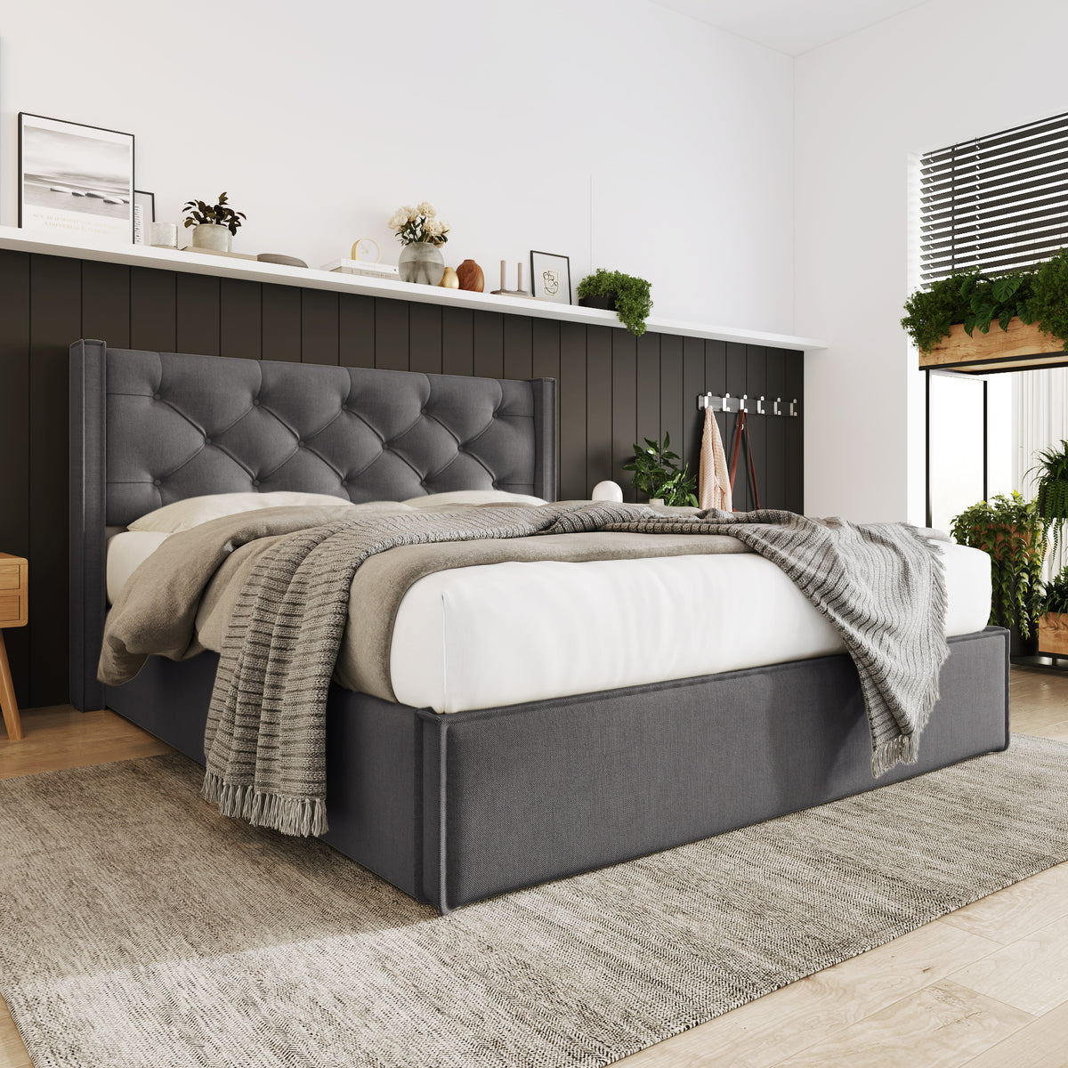Hydraulic Double Upholstered Bed 160x200cm with Storage, Grey Cotton