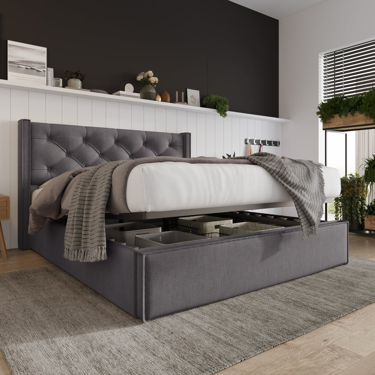Hydraulic Double Upholstered Bed 160x200cm with Storage, Grey Cotton