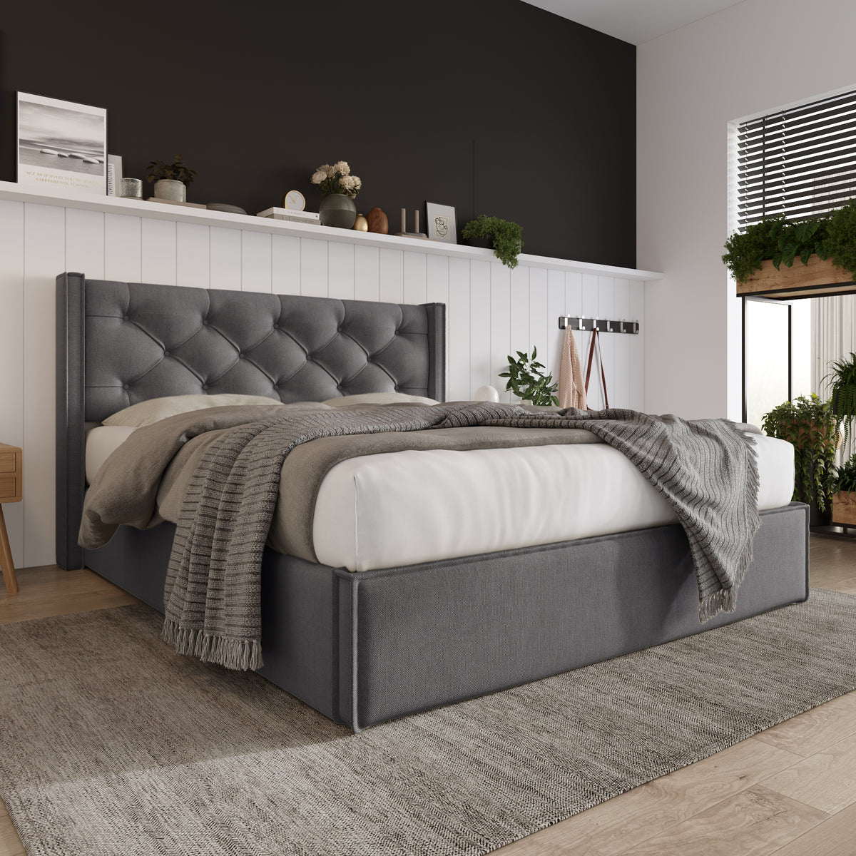 Hydraulic Double Upholstered Bed 160x200cm with Storage, Grey Cotton