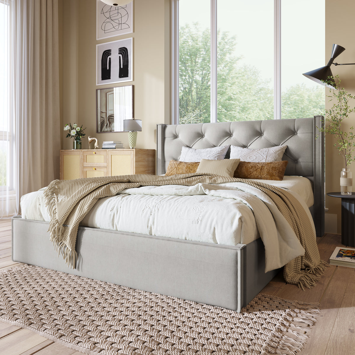 Hydraulic Upholstered Double Bed 160x200cm with Storage, Light Grey