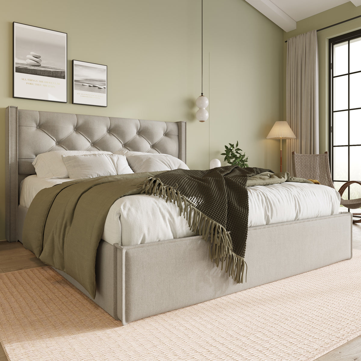 Hydraulic Upholstered Double Bed 160x200cm with Storage, Light Grey