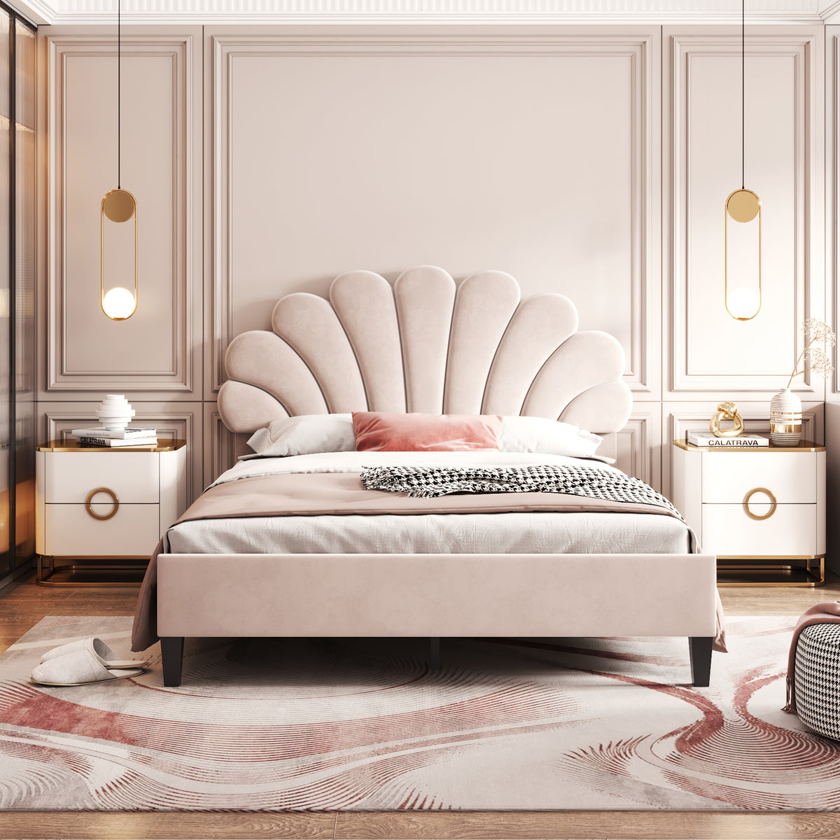 Upholstered Double Bed 160x200cm Sub-Item, White Bouclé