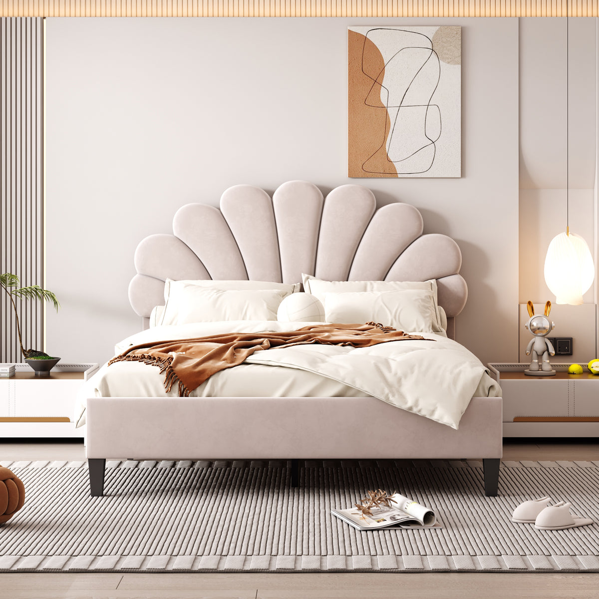 Upholstered Double Bed 160x200cm Sub-Item, White Bouclé