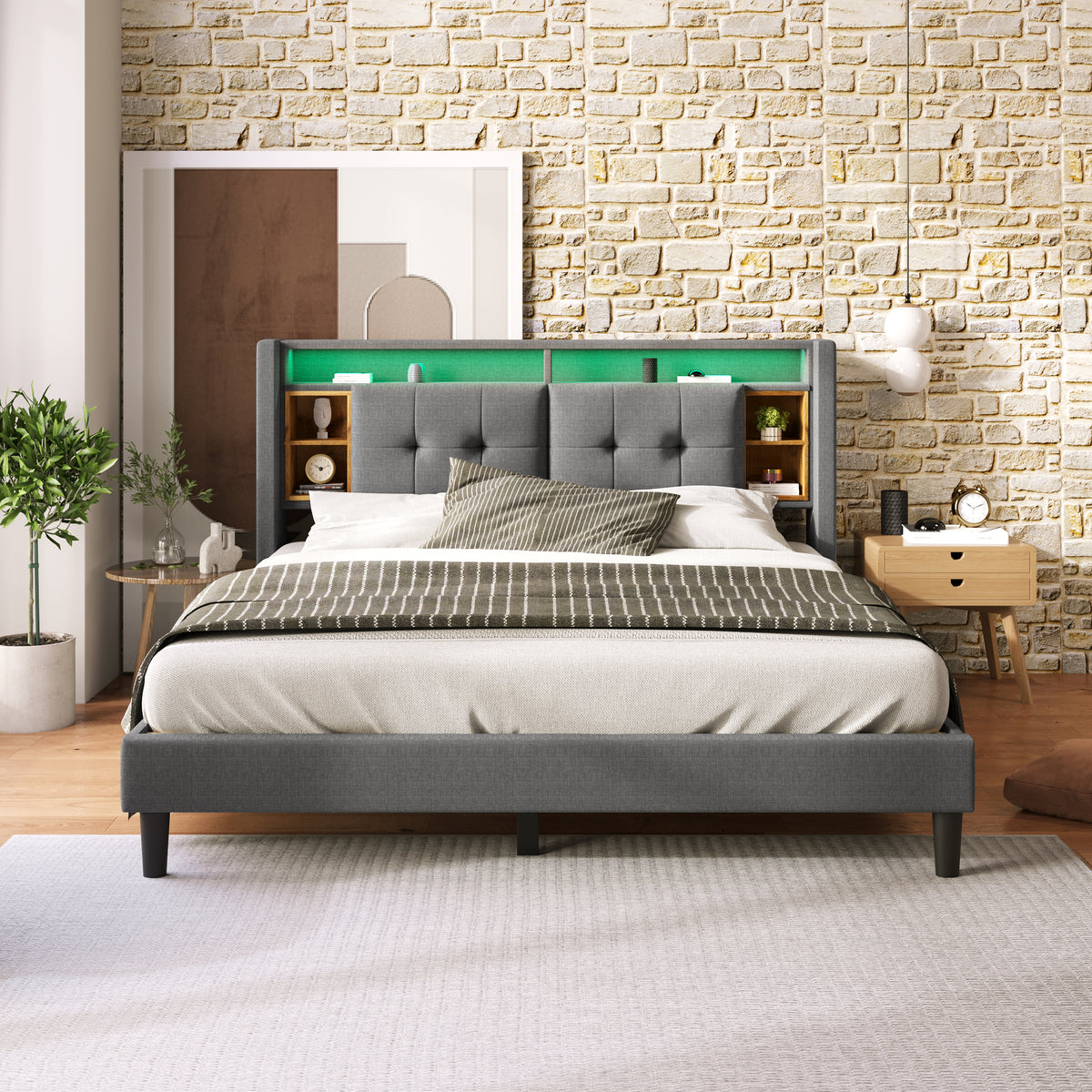 Upholstered Double Bed Frame with Storage Headboard, USB & LED, Grey
