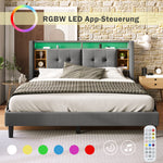 Upholstered Double Bed Frame with Storage Headboard, USB & LED, Grey