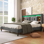 Upholstered Double Bed Frame with Storage Headboard, USB & LED, Grey