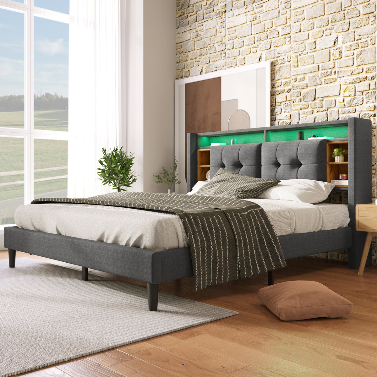 Upholstered Double Bed Frame with Storage Headboard, USB & LED, Grey
