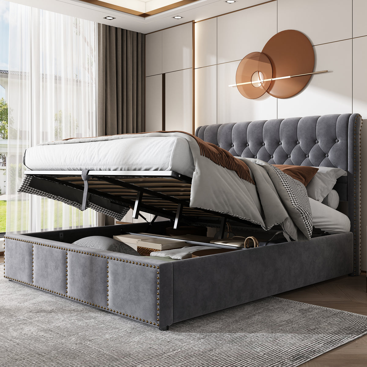 Daybed Sofa Bed 90x200cm with LED & Pull-Out Bed, Grey Linen