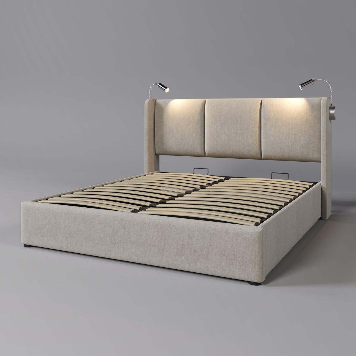 Upholstered Double Bed 180x200 with Storage & LED, Beige Linen