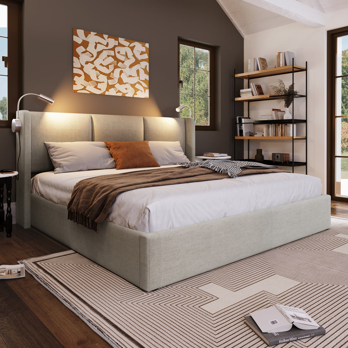 Upholstered Double Bed 180x200 with Storage & LED, Beige Linen