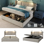 Upholstered Double Bed 180x200 with Storage & LED, Beige Linen