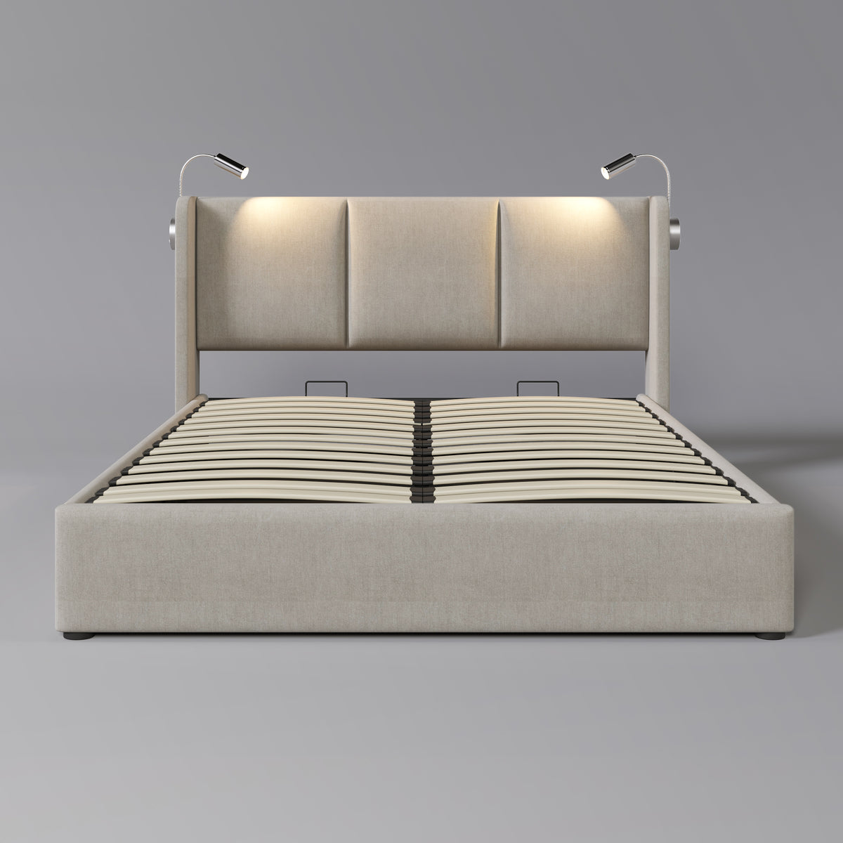 Upholstered Double Bed 180x200 with Storage & LED, Beige Linen