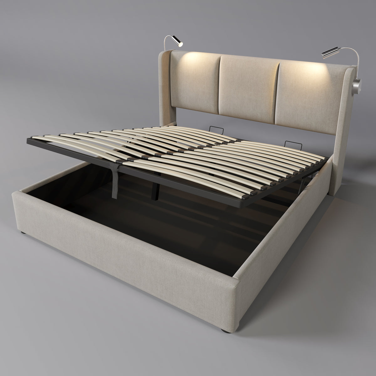 Upholstered Double Bed 180x200 with Storage & LED, Beige Linen