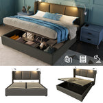 Upholstered Bed 180x200cm with Storage & LED Light, Grey PU Leather