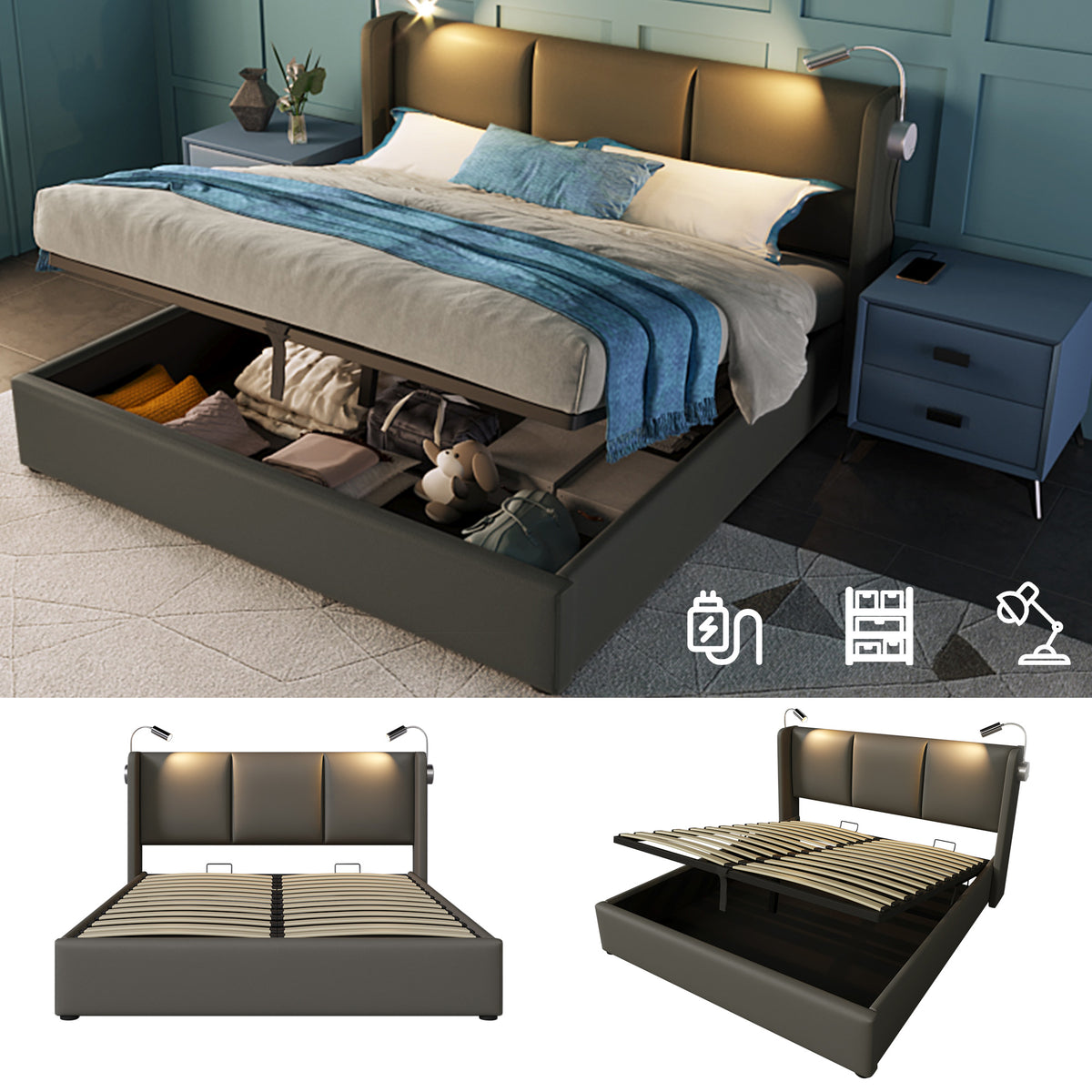 Upholstered Bed 180x200cm with Storage & LED Light, Grey PU Leather