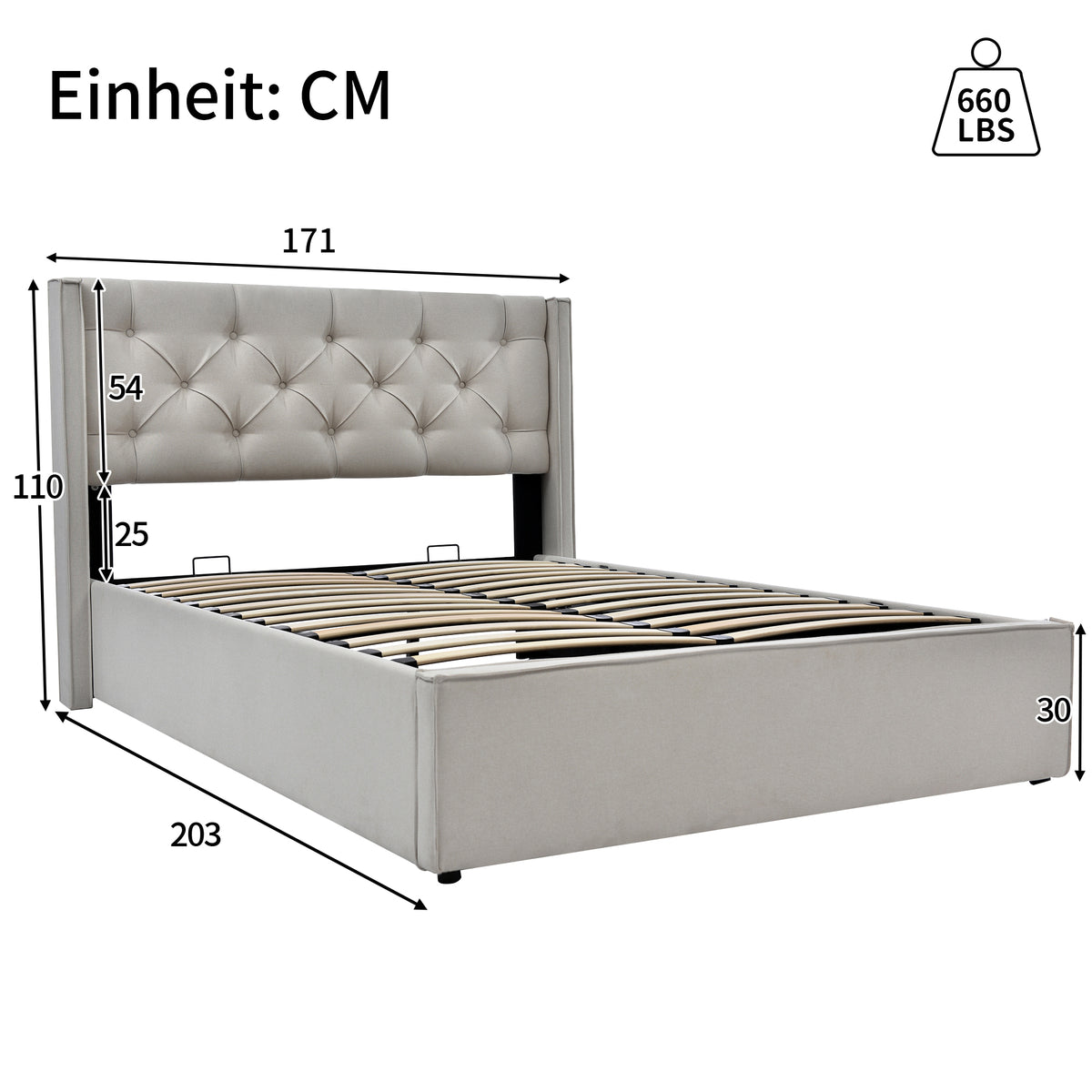 Hydraulic Upholstered Double Bed 160x200cm with Storage, Light Grey