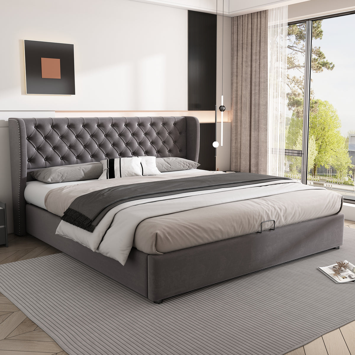 Upholstered Double Bed 180x200cm Hydraulic Storage, Grey Velvet
