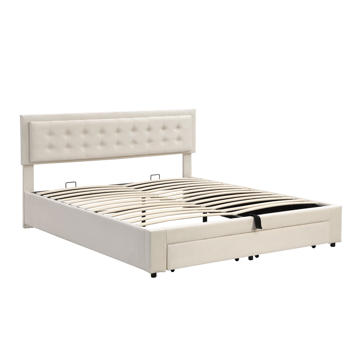 Upholstered Double Bed 180x200 with Storage Drawers, Beige Velvet