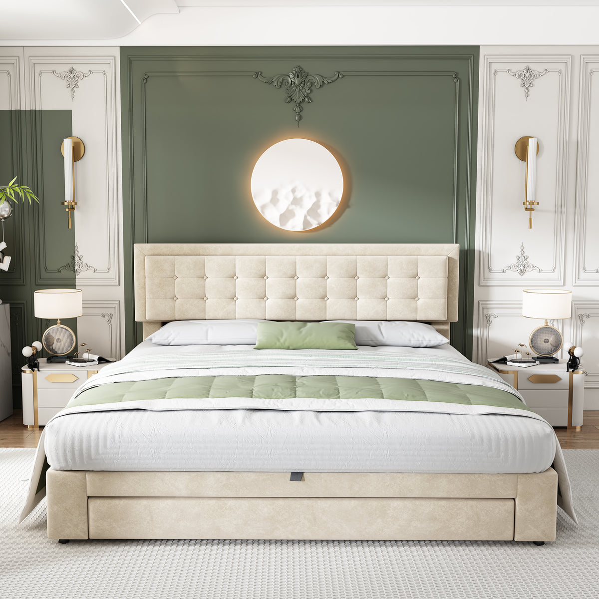 Upholstered Double Bed 180x200 with Storage Drawers, Beige Velvet