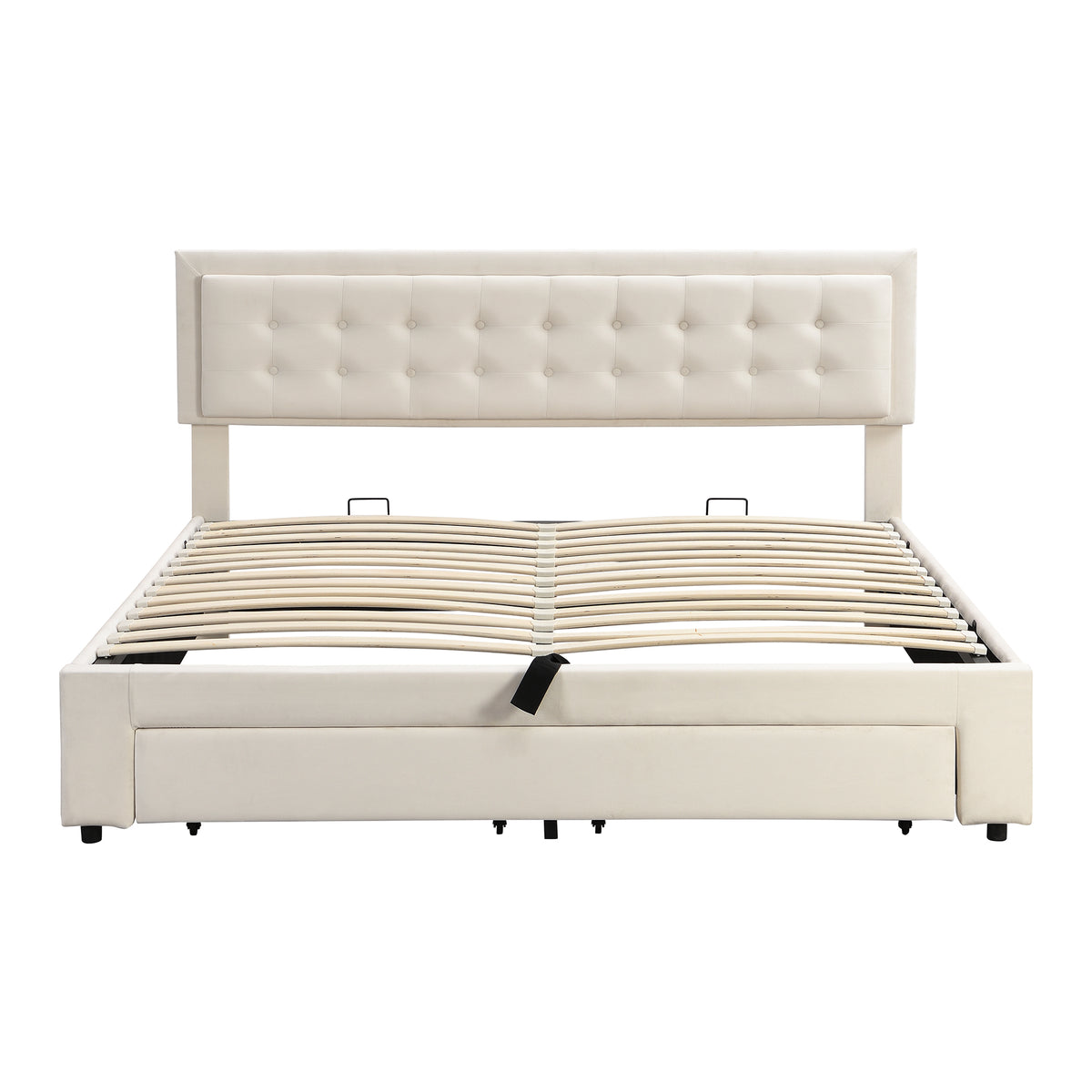 Upholstered Double Bed 180x200 with Storage Drawers, Beige Velvet