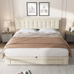 Upholstered Double Bed 180x200 with Storage Drawers, Beige Velvet