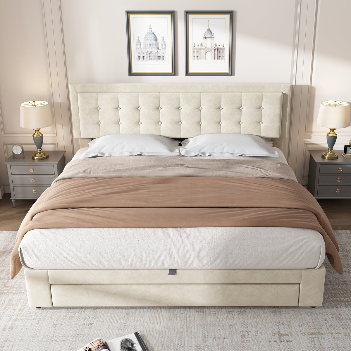 Upholstered Double Bed 180x200 with Storage Drawers, Beige Velvet